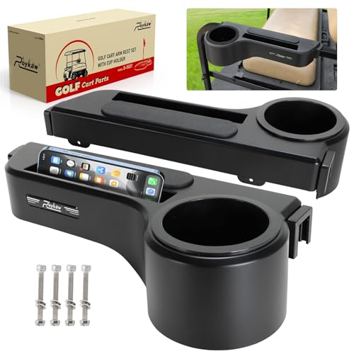 Roykaw Golf Cart Armrest with Cup Holder Compatible with EZGO/Club Car/Yamaha & Most Brand, Universal Golf Cart Rear Seat Arm Rests with Phone Holder, No Drilling, Fit 1.0"/1-1/4" Square Frame