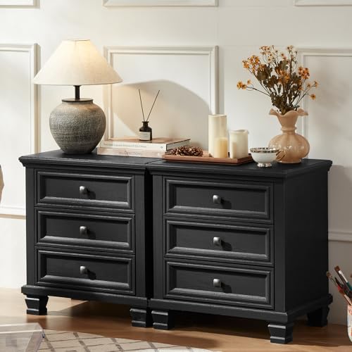 SAVOR LIFE Farmhouse Nightstand Set of 2, Rustic Couch End Table with 3 Drawers & 4 Square Solid Wood Legs, Vintage Bed Side Table with Storage, Small Dresser for Bedroom, Living Room, Black