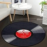 Personalized Music Record Black Round Area Rug Custom Text Name Doormat Non-Slip Floor Mat DIY Text Round Area Rug Carpet for Bedroom Living Room Study Playing Carpet, 5' x 5' Round