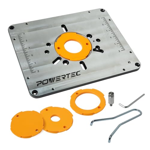 POWERTEC Aluminum Router Table Insert Plate with Reducer Rings, Leveling Screws, and Starting Pin – Compatible with Bosch, DeWalt, Makita, and Other Brands for Woodworking with Router Tables (71850)