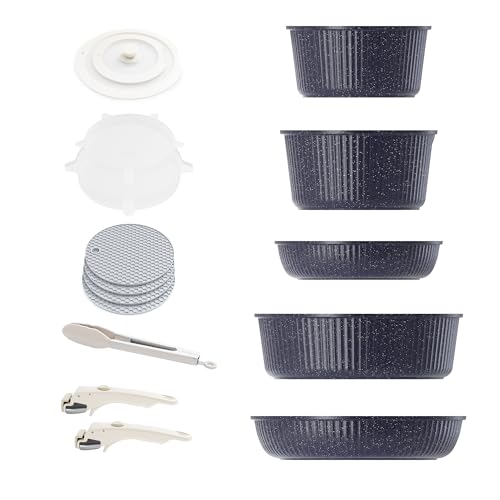 Caannasweis Detachable Nonstick Cookware Set - Stackable Induction Pots and Pans With Removable Handles, Dishwasher Safe - For RV Camping, Oven and Stovetop Use, 5 Pieces (Starry Sky)