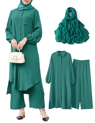 APRROOT Abayas Dress for Women Muslim Dresses Casual Long Sleeve Button Down Shirt Pants Hijab Dubai Outfits 3 PCS Set Green M