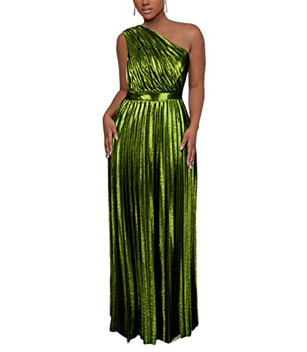 AOMEI Women's Luxury Metallic One Shoulder Sleeveless Elegant Pleated Long Dress (Green,S,Small)