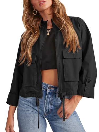 Tankaneo Women Casual Cropped Jackets Zip Up Lightweight Military Safari Short Utility Coat with Pockets