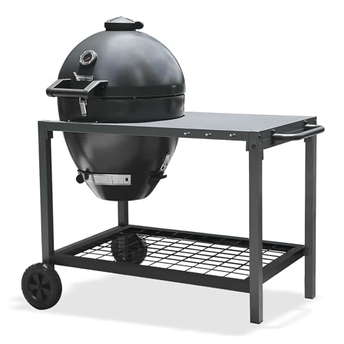 Brand-Man RODEO Steel Kamado Charcoal Grill and Smoker with 22in Cast Iron Grates and Large Prep Table Cart Perfect for Outdoor Cooking