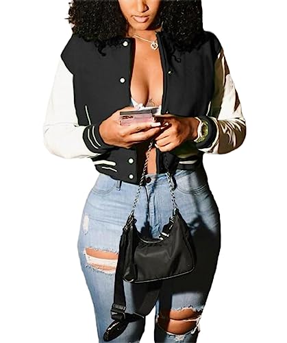 Mintsnow Womens Varsity Jacket Long Sleeve Button Down Bomber Jackets Casual Baseball Uniform Streetwear Black S