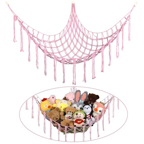 Stuffed Animal Hammock Corner, Hand-knitted Large Plushie Net Toy Hammock with Wooden Rings | Boho Cute Stuff Animal Storage for Nursery & Bedroom | Mesh Kids Toy Organizer Holder Nursery Room Decor