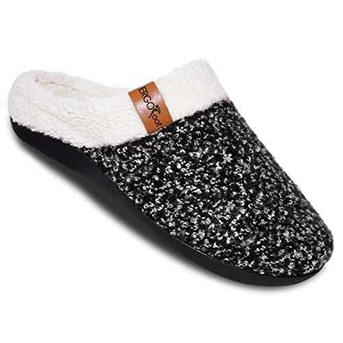 ERGOfoot Orthopedic Slippers with Arch Support, Slip-On Knit Soft Sherpa Lining House Slipper, Plantar Fasciitis Relief, Orthotic House Shoes with Indoor Outdoor Anti-Skid Rubber Sole/Black