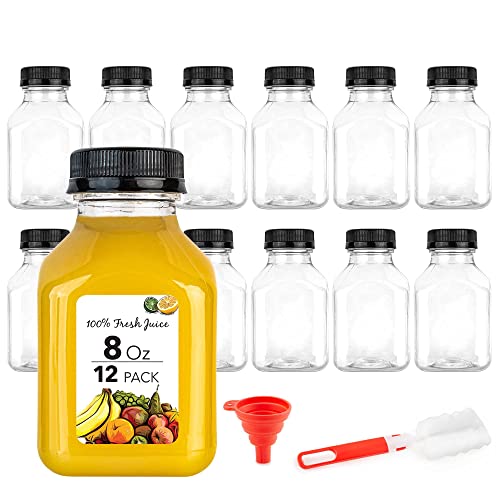 8 oz Juice Bottles with Caps for Juicing (12 pack) - Reusable Clear Empty Plastic Bottles - 8 Oz Drink Containers for Mini Fridge, Juicer Shots - Mini Water Bottles - Includes Labels, Brush & Funnel