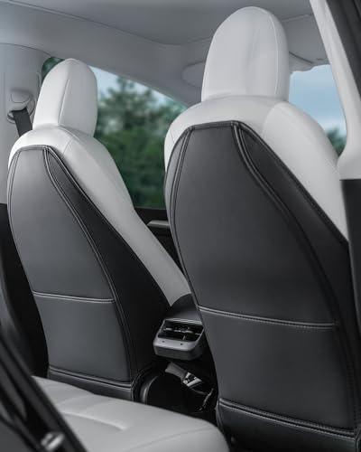 Leather Seat Back Protector Designed for Tesla Model Y Model 3 Model S/X Accessories(Includes 2025 New Model Y & 2024-2025 Model 3 Highland), Wear-Resistant Kick Mats with Organizer Pocket, Set of 2