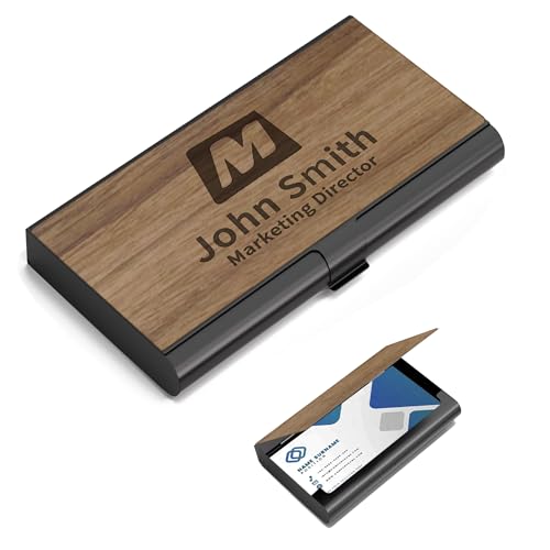 chengjiaoco Custom Walnut Business Card Holder, Laser Engraving with Your Logo/Fonts/Graphics, Stainless Steel Wood Pocket Card Cases Personalized Desktop Accessory for Men Women