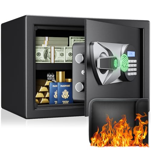 BlackSmith Home Safe 1.0 Cub Biometric Safe Box Fingerprint Recognition Security Safe with Keys Keypad Lock Box Secure Jewerly Valuables Wall Mount Cabinet Safe with LCD Display Dual Alarm System