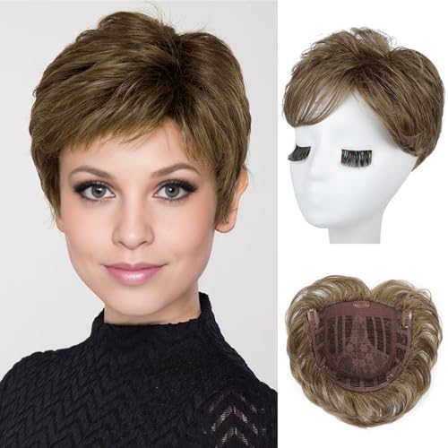 REECHO Hair Topper for Women - 100% Japanese Revolutionary Fiber Short Toupee Wiglet Topper Hairpiece for Women with Thinning Hair Loss Lightweight Large Base for Full Coverage - Medium Brown
