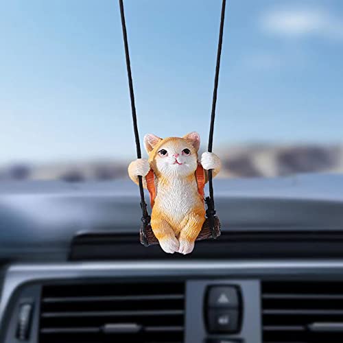 AMIORO Cute Swinging Cat Car Mirror Hanging Accessories Fun Interior Rearview Mirrors Decoration (Orange Cat)