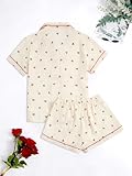 Verdusa Women's 2 Piece Pajama Set Matching Pjs Sets Cute Printed Sleepwear Button Up Shirt with Lounge Shorts Set Apricot Medium