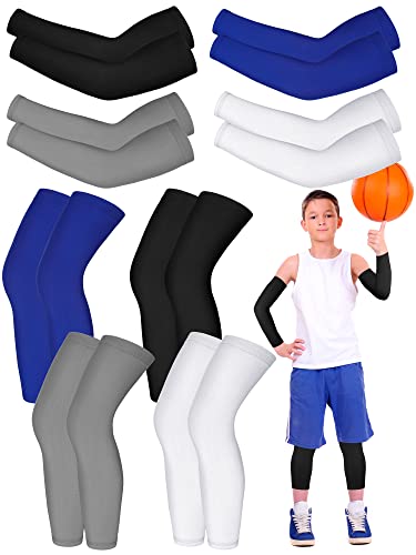 Patelai 8 Pairs Kids Arm and Basketball Leg Sleeves Set Non Slip Long Compression Leg Sleeves for Boys Girls Youth(Large,White, Black, Blue, Gray)
