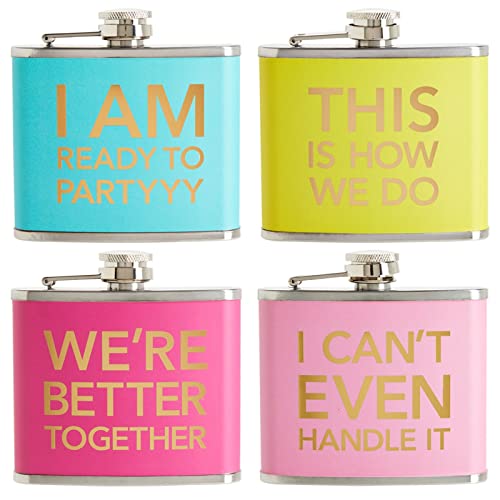 Juvale 4-Pack Stainless Steel 5 Ounce Flask For Women in 4 Designs, Liquor Canteen for Girls Trip Gifts, Wedding, Bachelorette Party Favors, Bridesmaids (Yellow, Blue, Pink, Rose Red)