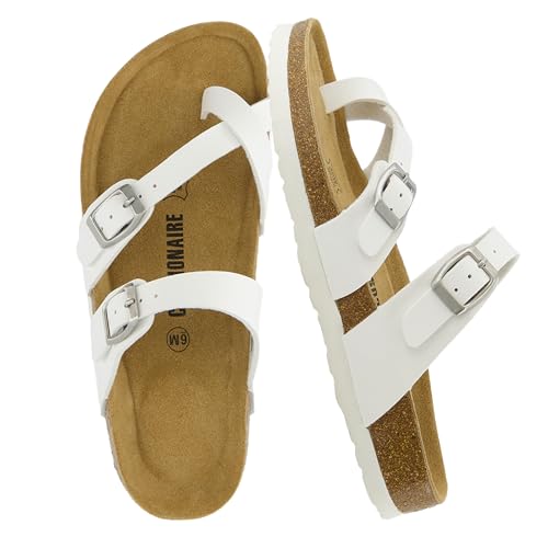 CUSHIONAIRE Luna Cork Footbed Women's Sandals - Comfortable Slip-On Slides with Adjustable Straps & Memory Foam for All-Day Wear | Beach Essential Summer Sandals for Women 2025, WHITE 8.5
