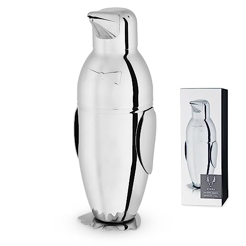 Viski Penguin Cocktail Shaker with Strainer, Stainless Steel Shaker Bottle, Bar Essentials, Home Bartender Shaker and Strainer Set, 17 oz.