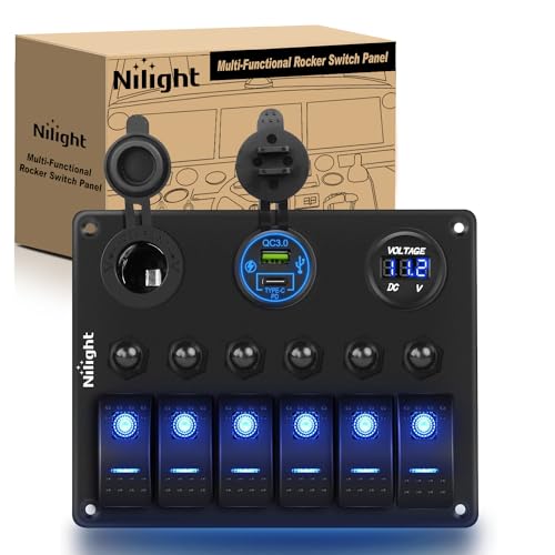 Nilight 6 Gang Rocker Switch Panel Waterproof Pre-Wired Aluminum Panel with PD Type C and USB Cigarette Lighter Socket Voltmeter 12V 24V ON Off Switch Panel for Car Trucks Boats RVs