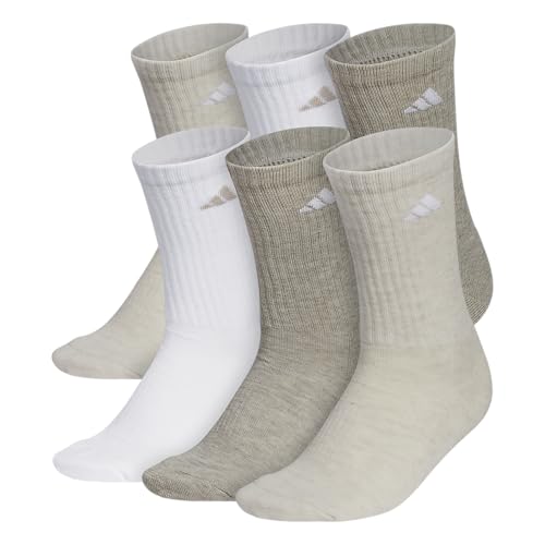 adidas Women's Athletic Cushioned Crew Socks with Arch Support, 6-Pack, Durable, Moisture-Wicking, Alumina Beige/White/Wonder Beige, Medium