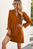 QACOHU Dresses for Women 2025 V Neck Ruffle Long Sleeve Simple Casual Loose Flowy Autumn Winter Shift Dress Caramel L