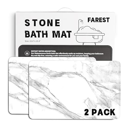 Farest 2 Pack Stone Bath Mat - Diatomaceous Earth Bath Mat Fast-Drying Stone Drying Mat Super Absorbent Diatomite Mats for Bathroom, Dish Drying, Bathtub (White Marble