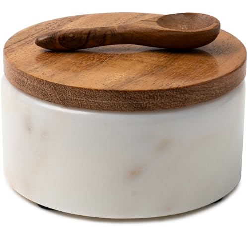 Cork & Mill White Marble Salt Cellar with Acacia Wood Lid and Spoon - Elegant Modern Handcrafted Container for Countertop - Keeps Spices Dry - Wide 4” Salt Pig with Non-Skid Feet