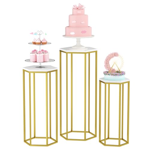 Urban Deco Cylinder Stands for Party, Set of 3 Gold Metal Hexagon Pedestal Stand with Marbled Countertop, Cake Flower Plant Pedestal Stands for Display Parties Wedding Birthday Decor, 3PCS, Gold
