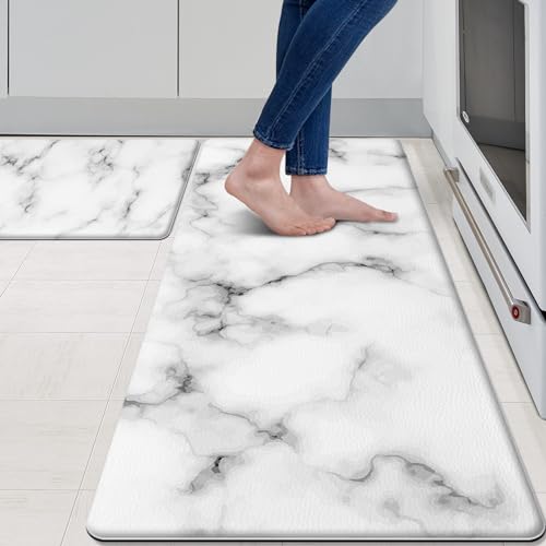 MAYHMYO Kitchen Rugs and Mats Set of 2 White and Black Marble Anti Fatigue Mat PVC Non Slip Abstract Kitchen Mats for Floor Bathroom Desk Runner Laundry