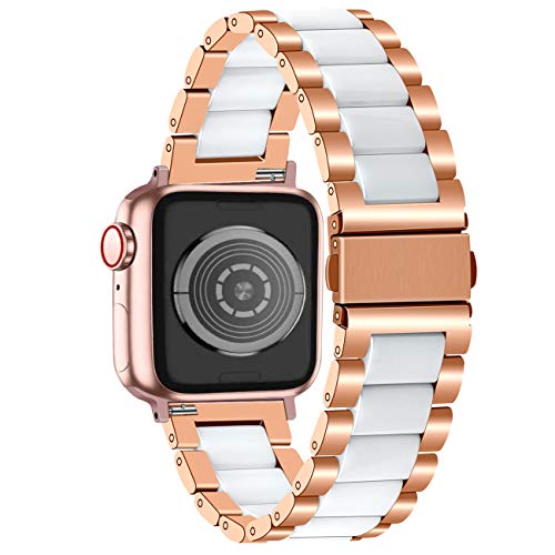 Juntan Rose Gold Stainless Steel White Ceramic Watch Band Compatible with Apple Watch 42mm 44mm for iWatch SE Fashion Womens Mens Wristband Replacement Bracelet Metal Clasp Series 6 5 4 3 2 1 Sport