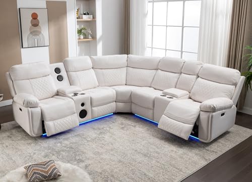 Power Sectional with Recliners,Bass Speakers,Ambient Floor Lighting,Faux Leather Reclining Sectionals Sofa for Living Room L Shape Couch with USB Port,Cup Holder, Storage Console,2 Recliner Seat,White