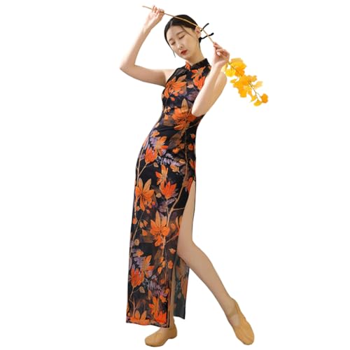 Chinese Qipao Dress for Women Cheongsam Dress Mandarin Collar Chinese Dresses Traditional Clothes Non Sleeve Printed Black