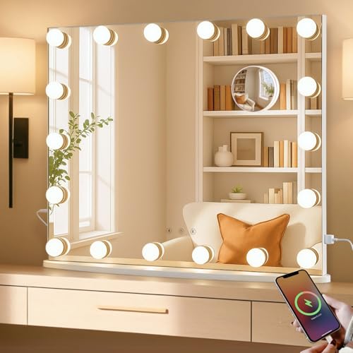 LUXFURNI 26" x 21" Hollywood Vanity Mirror with Lights, Light Up Makeup Mirror with 18 LED Bulbs for Bedroom, 3 Color Lighting Modes, Tabletop & Wall Mount, USB Charging Port