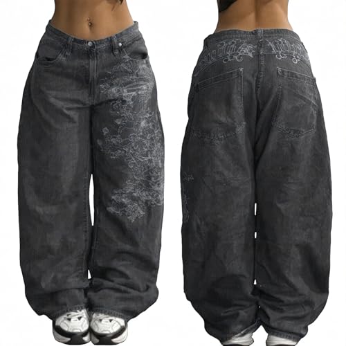 EMMIOL Women Hip Hop Baggy Jeans Wide Leg Mid-Low Waist Jeans Loose Boyfriends Pants 90s Vintage Denim Pants,Back-to-School Outfit