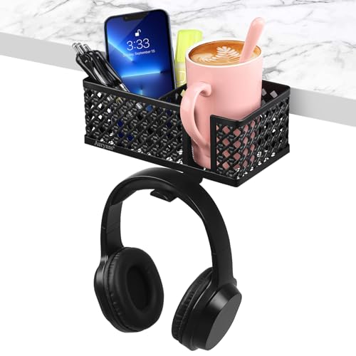 Aurynns Desk Cup Holder, Clip on Cup Hook, Pen Holder Clamp Desk Organizer Pencil Holder Phone Holder Desk Storage for Office School Home (Black)