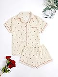 Verdusa Women's 2 Piece Pajama Set Matching Pjs Sets Cute Printed Sleepwear Button Up Shirt with Lounge Shorts Set Apricot Medium