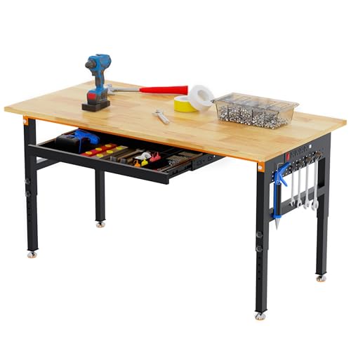 Betterhood 60" Adjustable Height Workbench, 2000 LBS Heavy Duty Work Table with Power Outlets & Pegboard, Rubber Wood Workstation for Garage, Workshop, Office, Home, Commercial