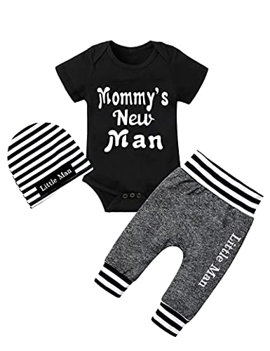 Newborn Baby Boy Clothes mommy's New Man Letter Print Short Sleeve Romper+Long Pants+Stripe Hat 3PCS Outfits Set 0-3 Months