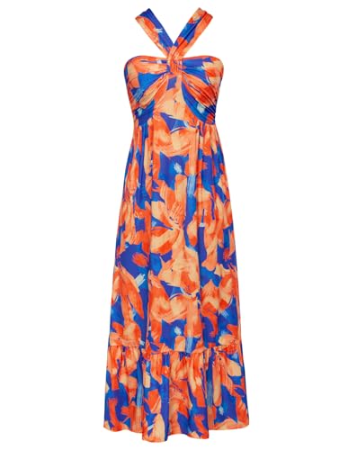 2024 Summer Women's Criss Cross Halterneck Sleeveless Floral Print Flowy A Line Maxi Dress Blue Flowers M