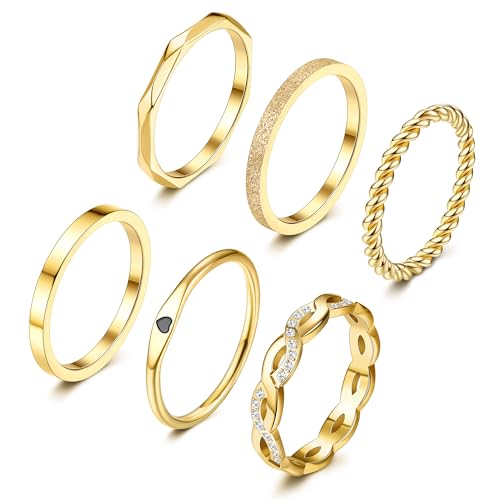 JeryWe 6PCS 14K Gold Filled Stainless Steel Stacking Rings Set for Women Minimalist Fashion Dainty Plain Thin Knuckle Stacking Midi Thumb Rings Stackable Statement Thin Band Knuckle Rings Set Size 7