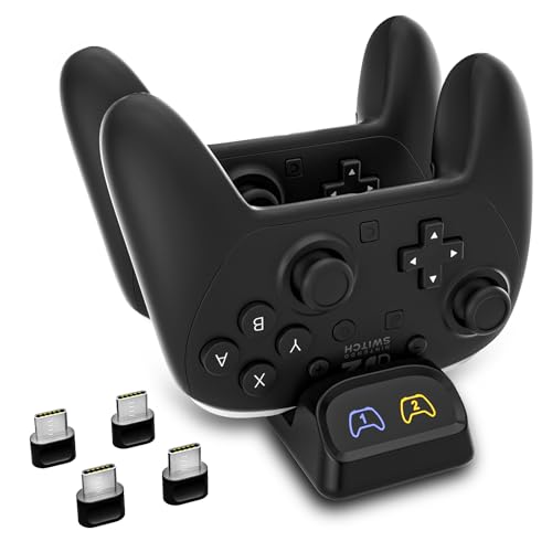 Switch Controller Charger, Fast Charging Dock for Switch 2 Pro Controller, Xbox Series X/S, PS5, and Type-C Gamepads – Dual Charger Station with LED Indicators, and Type-C Adapter