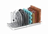 EVERIE Adjustable Bakeware Organizer Pot Lid Holder Rack for Pots, Cake Molds, Cutting Boards, Mats, Cookware, GS02SS, 7.7'' Deep by 12.6'' to 21.5'' Wide