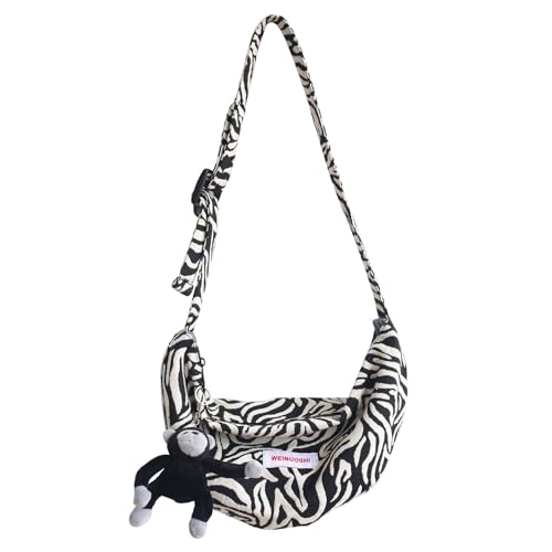 knictto Zebra Print Sling Bag Purse Letter Patch Fanny Large Capacity Y2k with Plush Pendant Trendy Canvas ITA Bag Women's (Bag A + pandent)