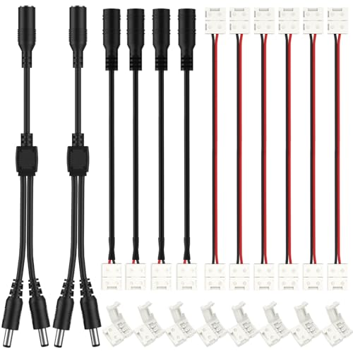 HitLights LED Strip Connector 2Pin 8mm LED Connector Kit Include Solderless Gapless Connector, 6Inch Jumper Connector, DC Female and Connector, DC Jack Splitter for LED Light Strips