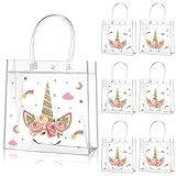 Aliceset 20 Pcs Unicorn Clear Favor Bags with Handles Plastic Treat Pink Unicorn Rainbow Goodie Bags for Birthday Party Supplies Candy, 8 x 8 x 3.15 Inch