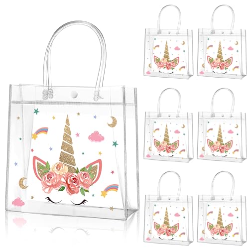 Aliceset 20 Pcs Unicorn Clear Favor Bags with Handles Plastic Treat Pink Unicorn Rainbow Goodie Bags for Birthday Party Supplies Candy, 8 x 8 x 3.15 Inch