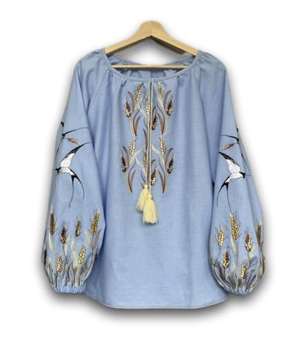 Swallows and Wheat ears Embroidered Blouse, Ukrainian Vyshyvanka Sorochka, Embroidered weat ear top, Ukraine Vishivanka Shirt, Mother's Gift (8)