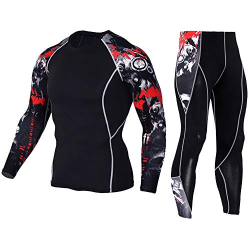 Men's Workout Set Compression Shirt and Pants Top Long Sleeve Sports Tight Base Layer Suit Quick Dry & Moisture-Wicking Grey&Red M