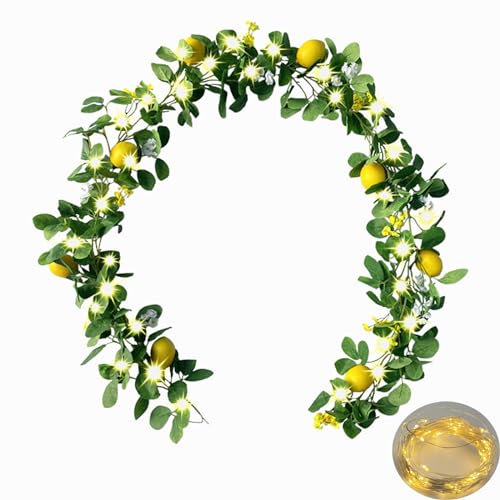Upgraded Dense Artificial Lemon Garland with Lights Spring Summer Greenery Lemon Vine Plants Faux Fruit Cute Flowers Hanging Wreath for Wedding Home Garden Mantel Table Party Christmas Decor